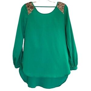 GBX Emerald Green Blouse with Gold Sequin Shoulders